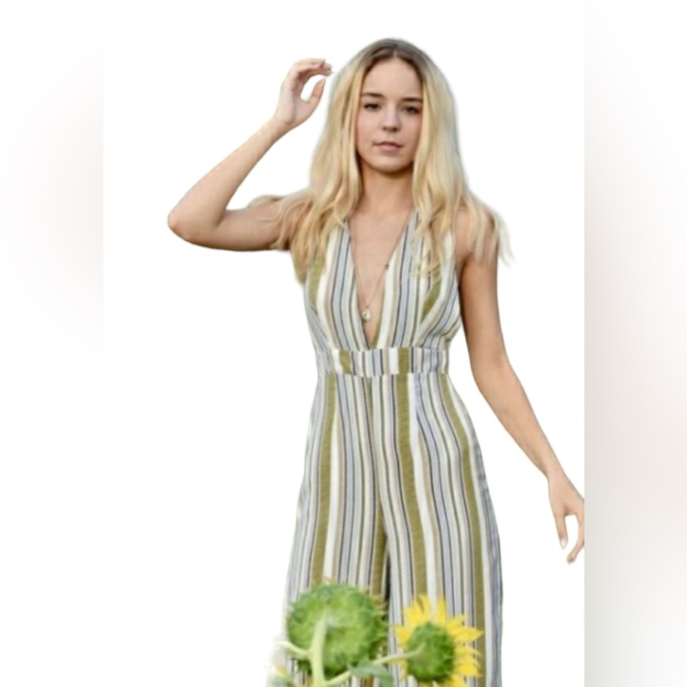 Sage The Label Sabina Olive Striped Wide Leg Jumpsuit